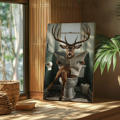 Deer Reading Newspaper Toilet Wall Art Gift for Hunters Cabin Decor