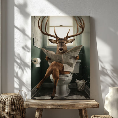 Deer Reading Newspaper Toilet Wall Art Gift for Hunters Cabin Decor