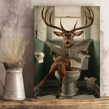 Deer Reading Newspaper Toilet Wall Art Gift for Hunters Cabin Decor