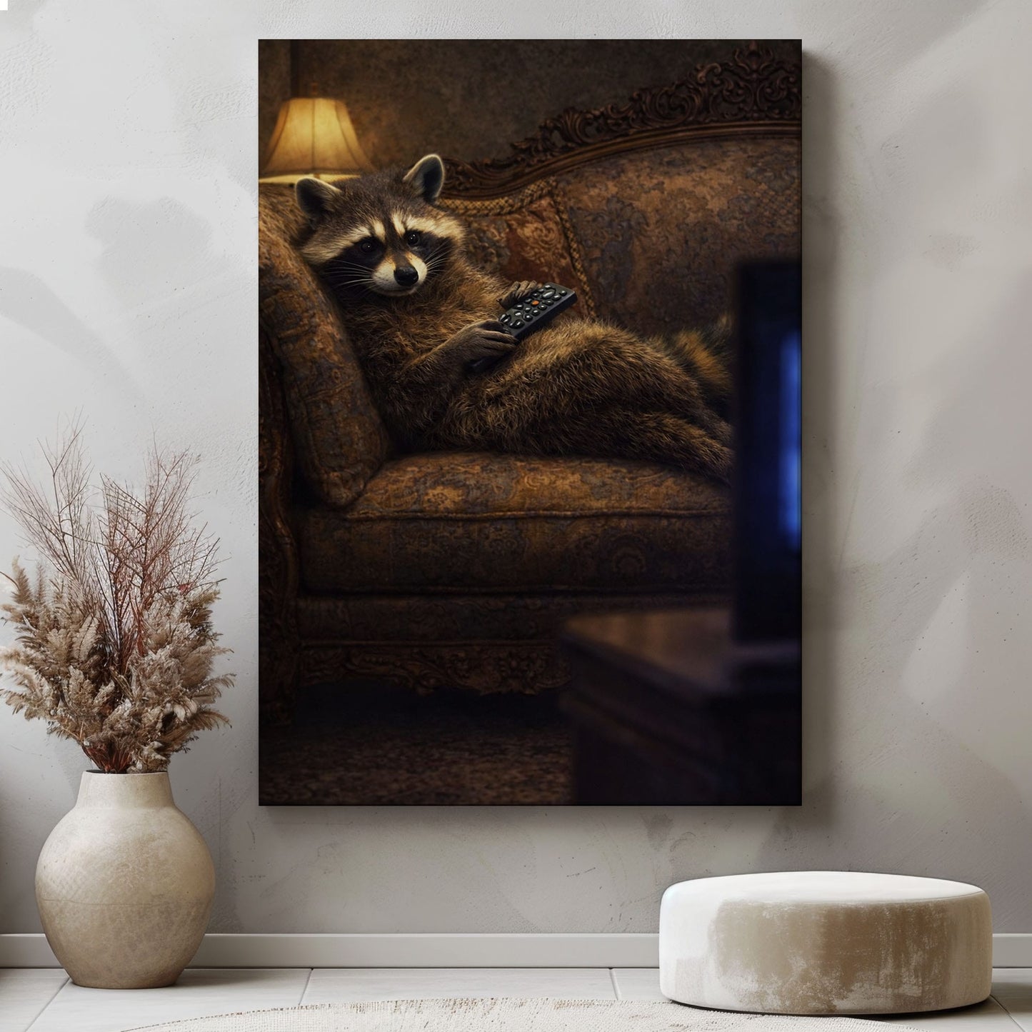Lazy Raccoon Couch Night Wall Art Gift for Hunters Cabin Decor