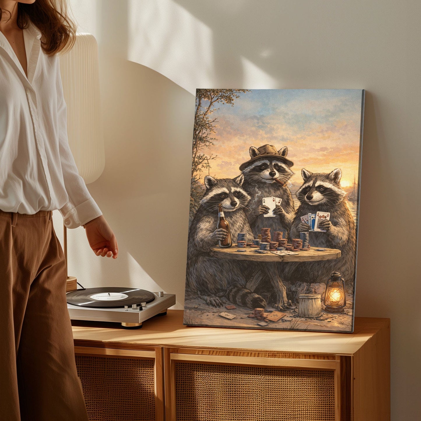 Raccoon Poker Night Beer Cigar Wall Art Gift for Hunters Cabin Decor