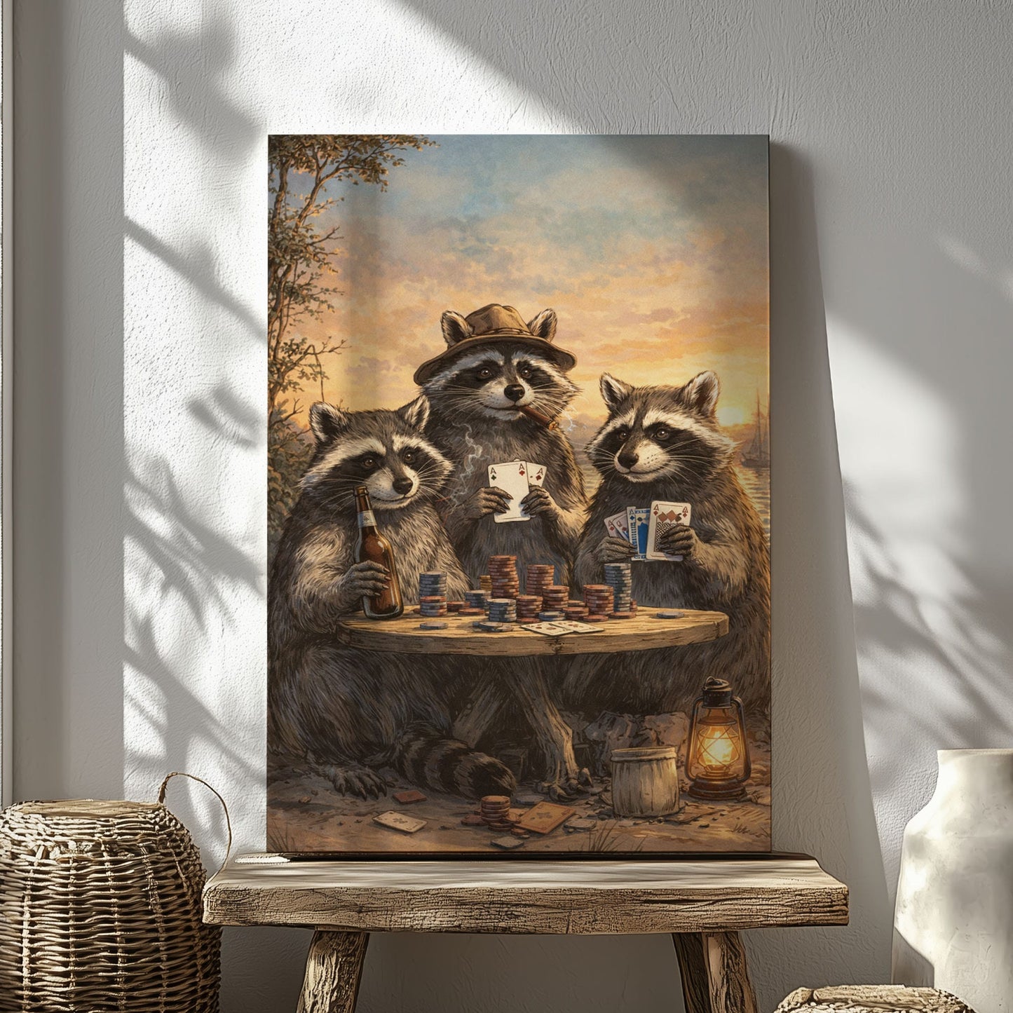 Raccoon Poker Night Beer Cigar Wall Art Gift for Hunters Cabin Decor