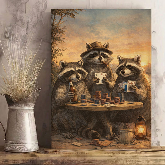 Raccoon Poker Night Beer Cigar Wall Art Gift for Hunters Cabin Decor