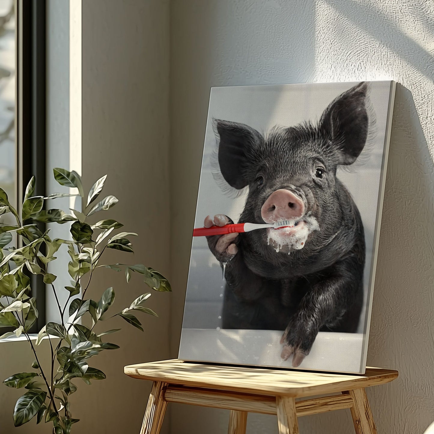 Wild Boar Brushing Teeth Wall Art Gift for Hunters Cabin Decor