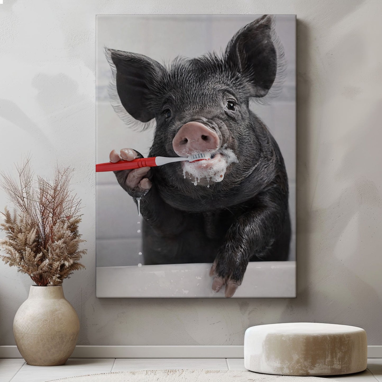 Wild Boar Brushing Teeth Wall Art Gift for Hunters Cabin Decor