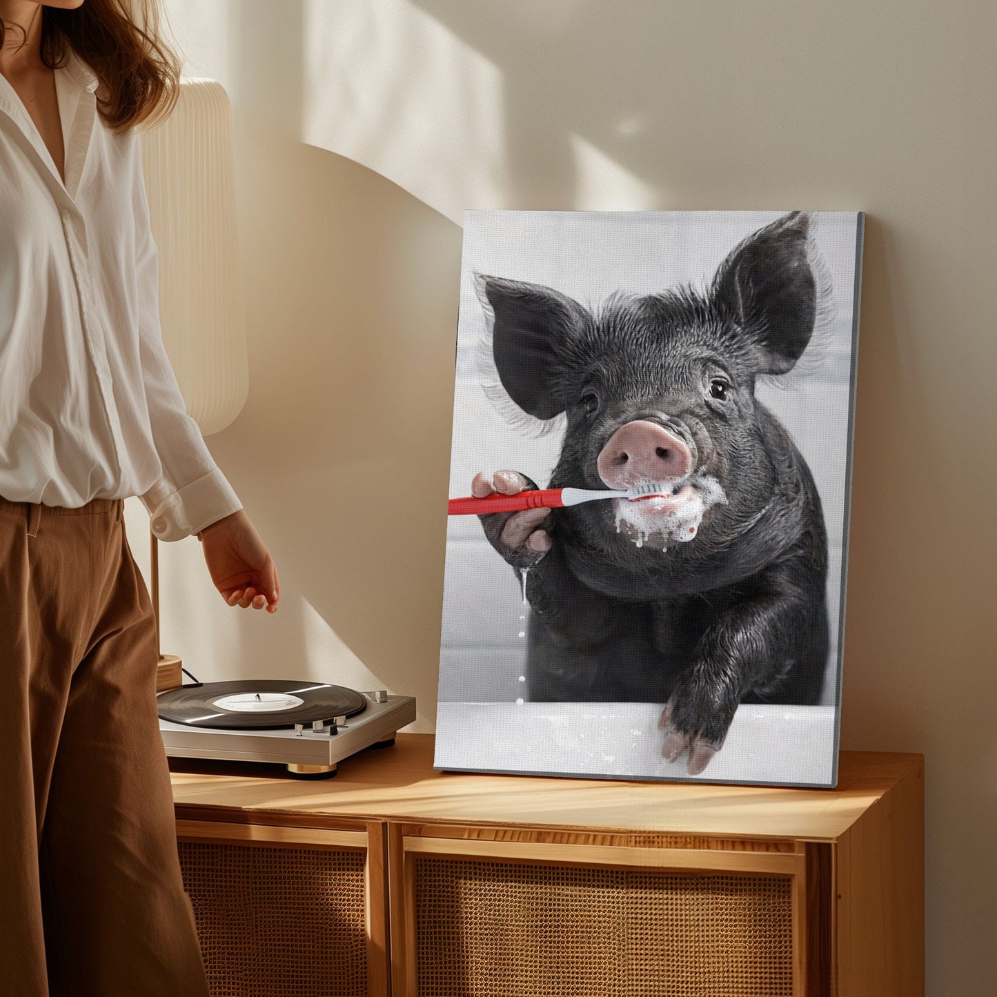 Wild Boar Brushing Teeth Wall Art Gift for Hunters Cabin Decor