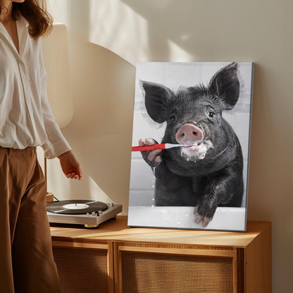 Wild Boar Brushing Teeth Wall Art Gift for Hunters Cabin Decor