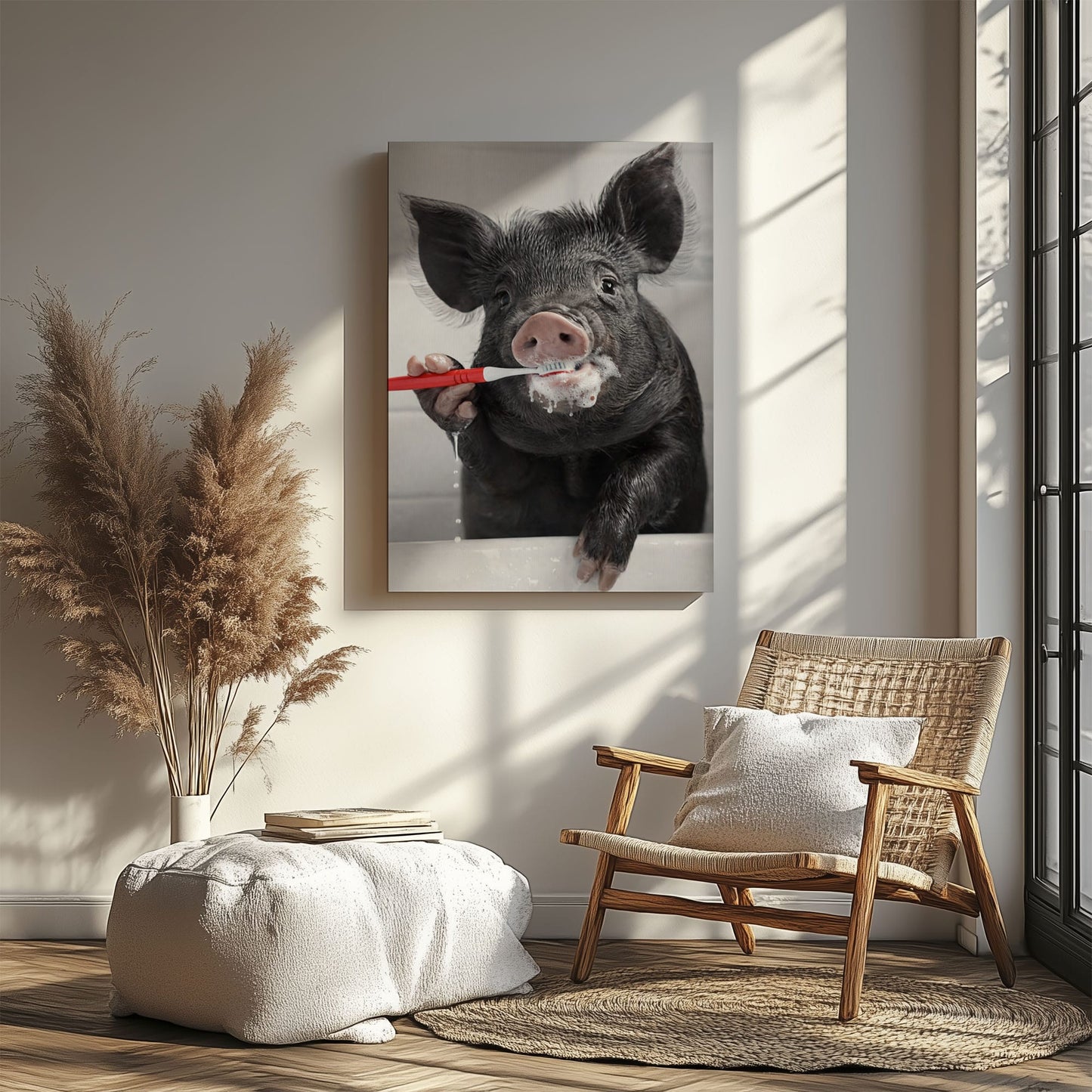Wild Boar Brushing Teeth Wall Art Gift for Hunters Cabin Decor