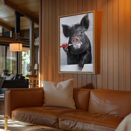 Wild Boar Brushing Teeth Wall Art Gift for Hunters Cabin Decor