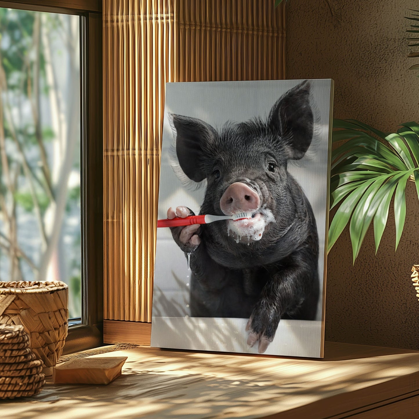 Wild Boar Brushing Teeth Wall Art Gift for Hunters Cabin Decor