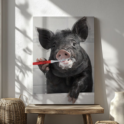 Wild Boar Brushing Teeth Wall Art Gift for Hunters Cabin Decor
