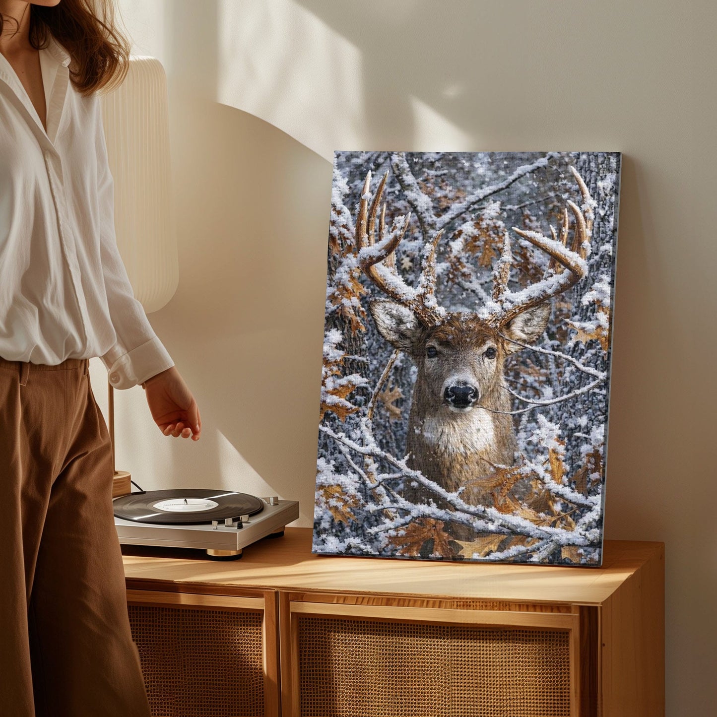 Snowy Deer Hunting Canvas Wall Ar Gift for Hunters Cabin Decor
