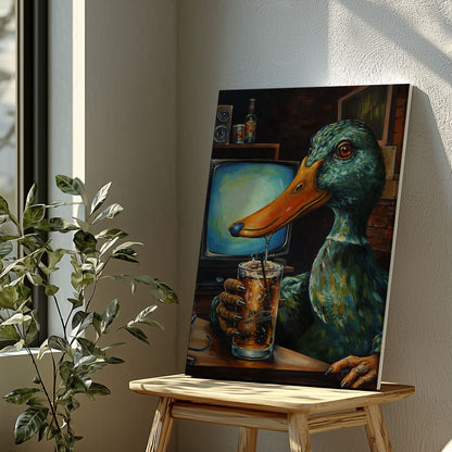 Funny Duck Drinking Beer Canvas Wall Ar Gift for Hunters Cabin Decor