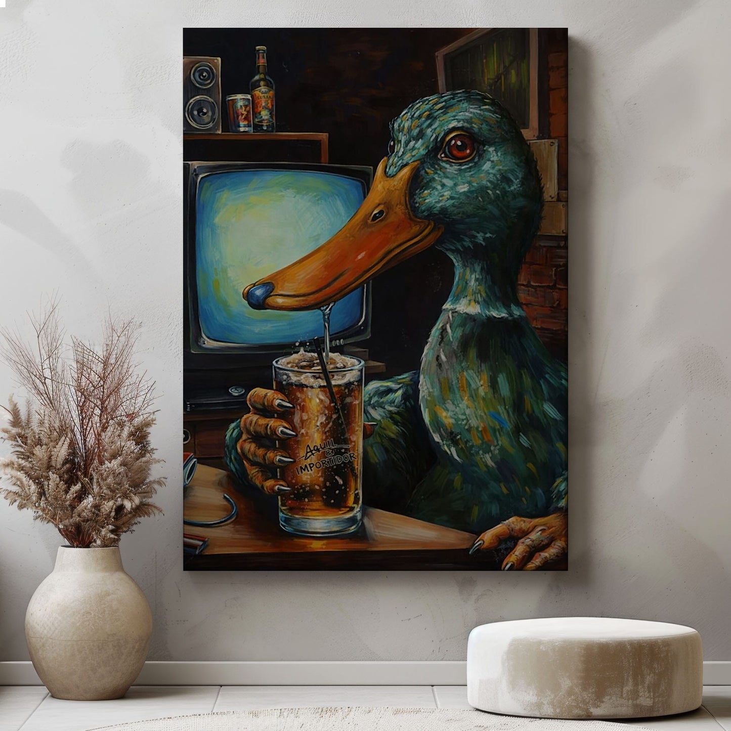 Funny Duck Drinking Beer Canvas Wall Ar Gift for Hunters Cabin Decor
