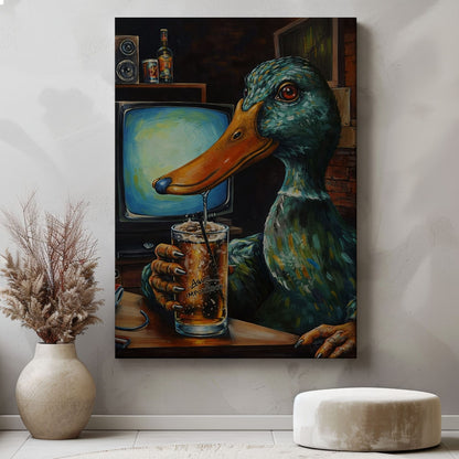 Funny Duck Drinking Beer Canvas Wall Ar Gift for Hunters Cabin Decor