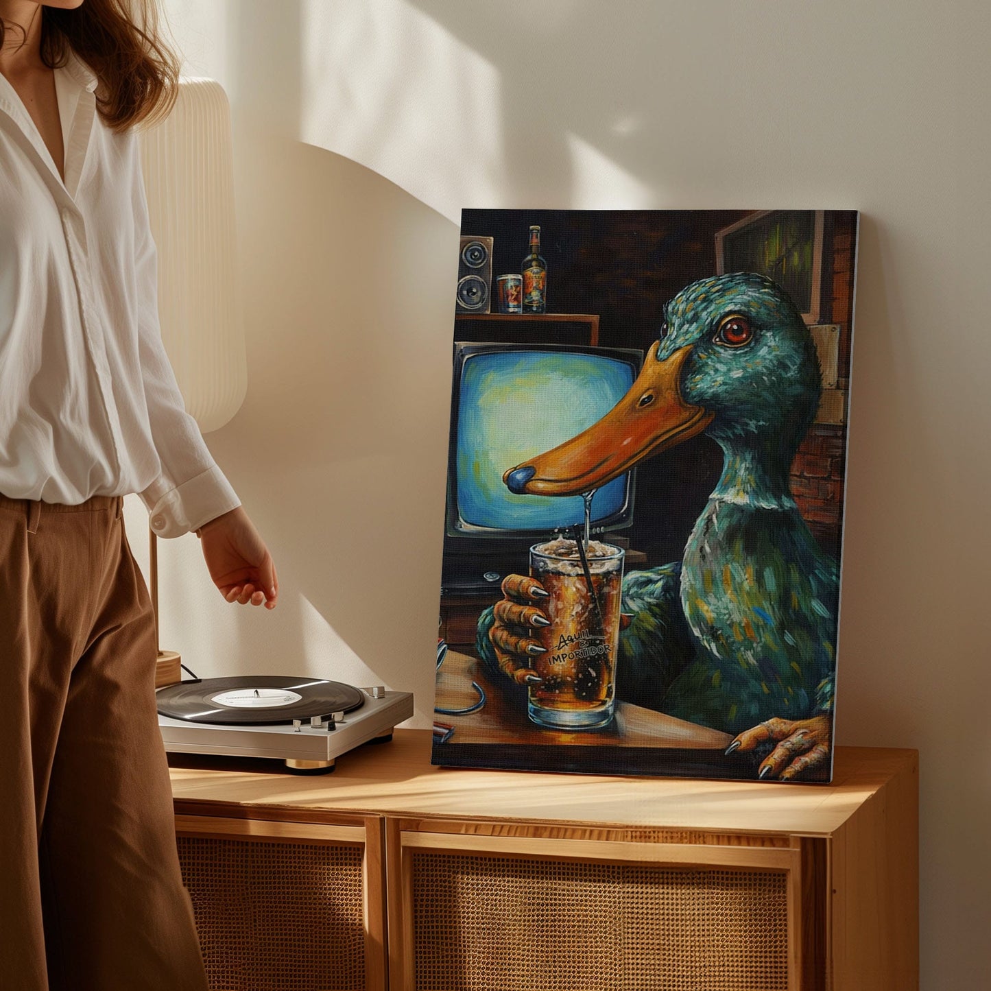 Funny Duck Drinking Beer Canvas Wall Ar Gift for Hunters Cabin Decor