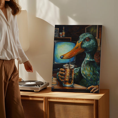 Funny Duck Drinking Beer Canvas Wall Ar Gift for Hunters Cabin Decor