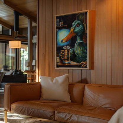 Funny Duck Drinking Beer Canvas Wall Ar Gift for Hunters Cabin Decor