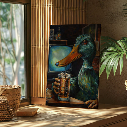 Funny Duck Drinking Beer Canvas Wall Ar Gift for Hunters Cabin Decor