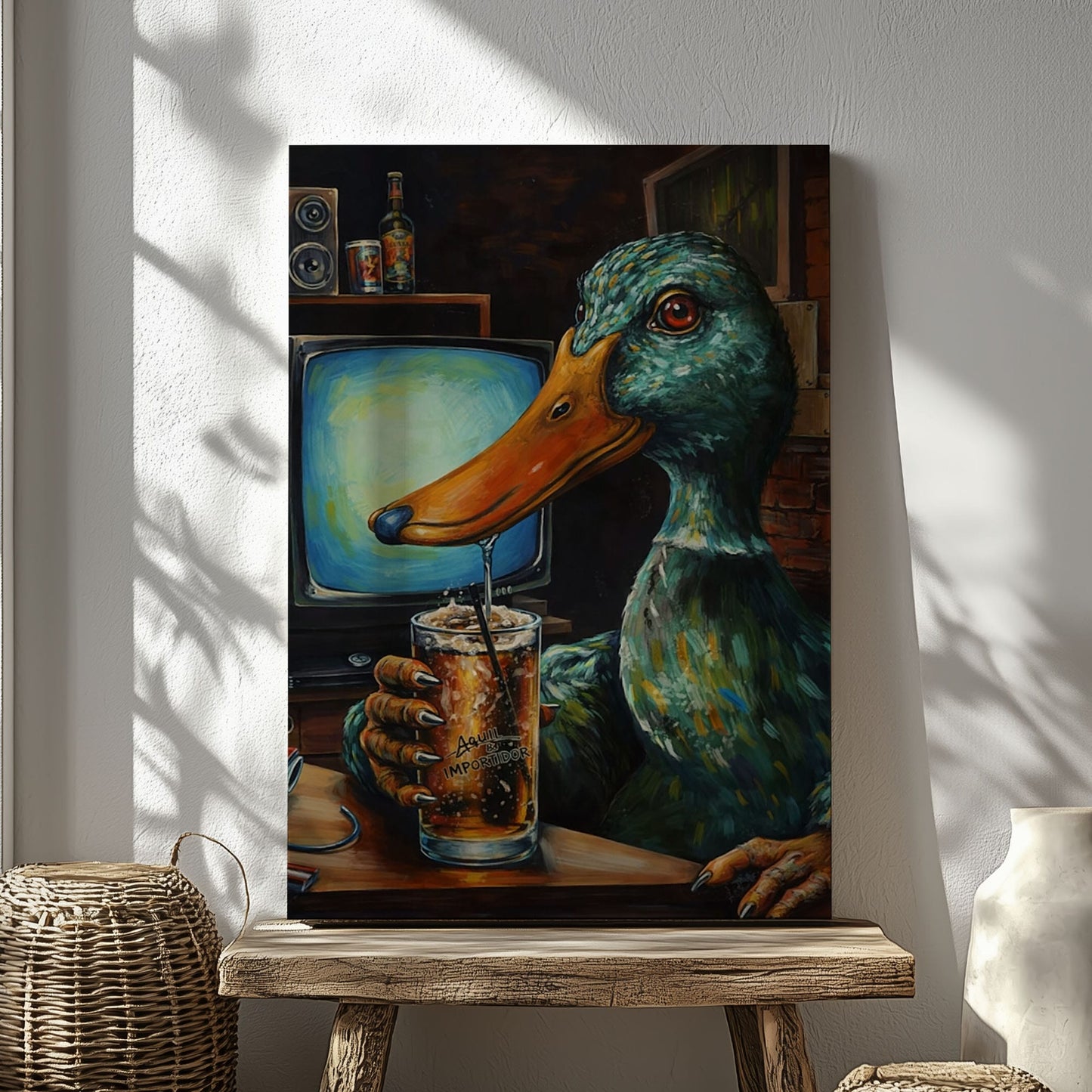 Funny Duck Drinking Beer Canvas Wall Ar Gift for Hunters Cabin Decor