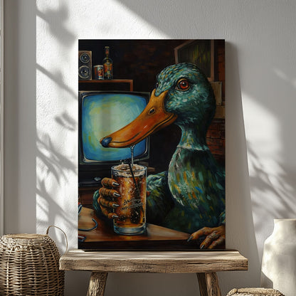 Funny Duck Drinking Beer Canvas Wall Ar Gift for Hunters Cabin Decor