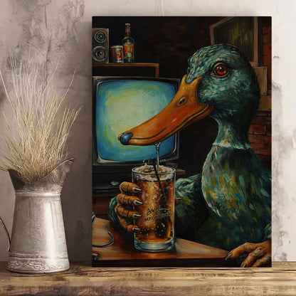 Funny Duck Drinking Beer Canvas Wall Ar Gift for Hunters Cabin Decor