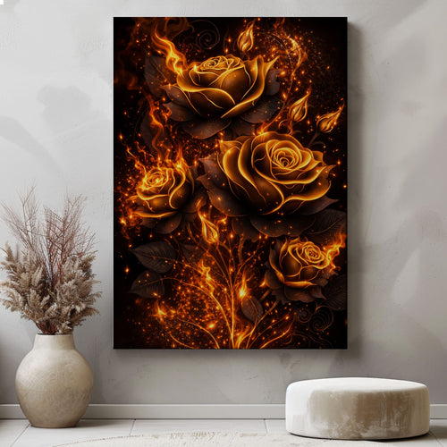 Golden Fire Roses Wall Art