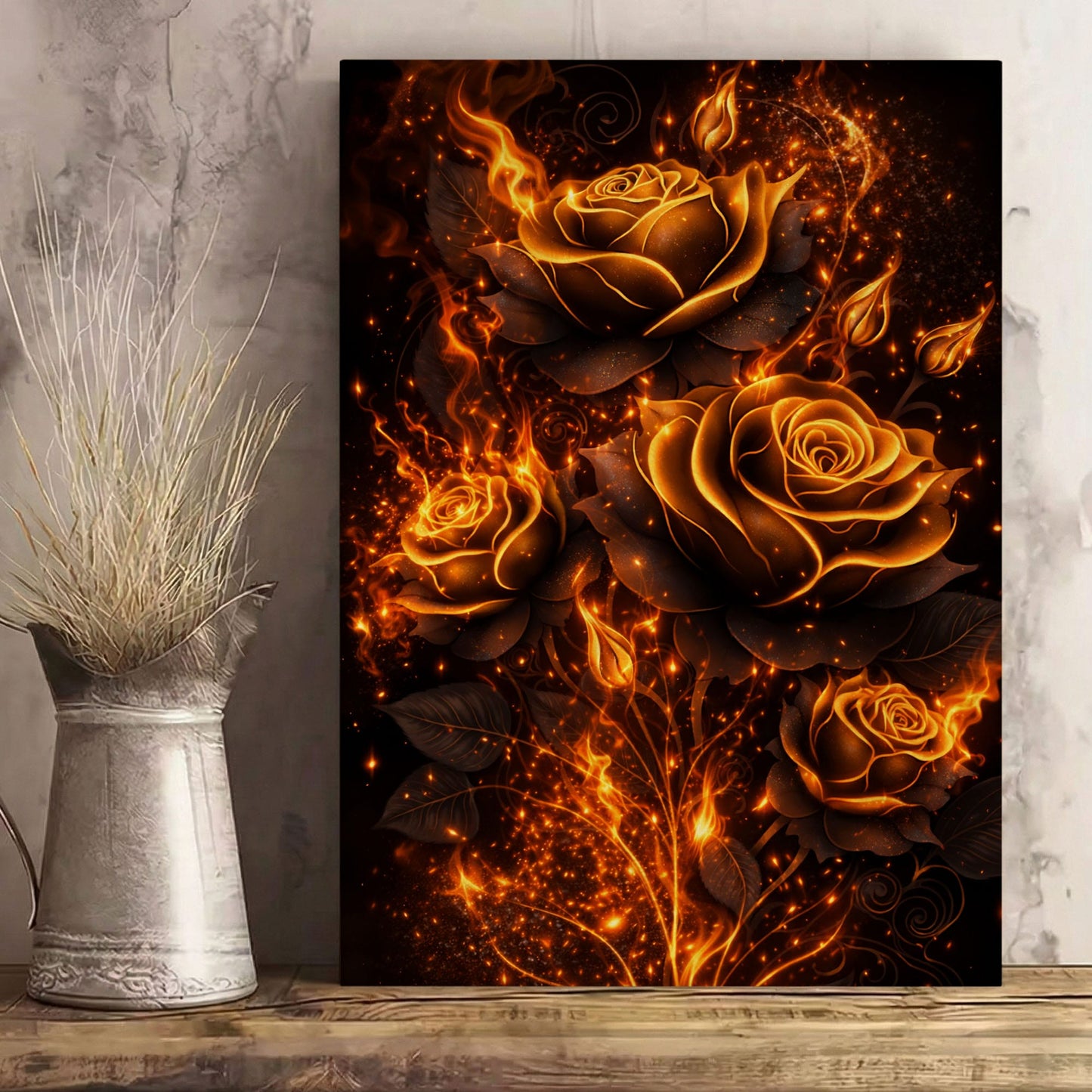 Golden Fire Roses Wall Art