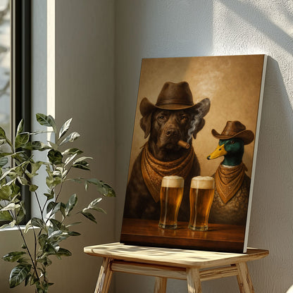Dog and Duck Smoking Cigar Cold Beer Wall Art Gift for Hunters Cabin Decor