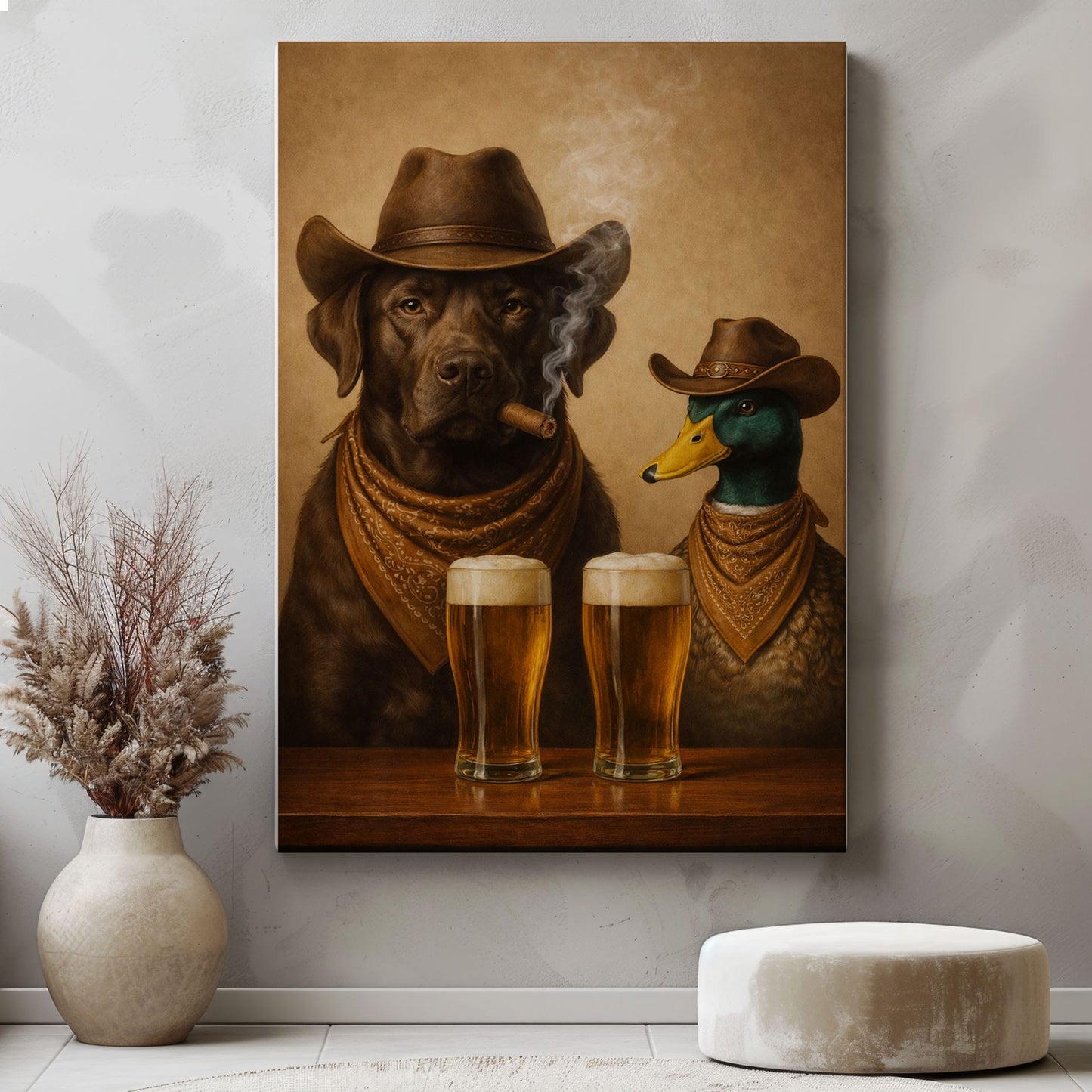 Dog and Duck Smoking Cigar Cold Beer Wall Art Gift for Hunters Cabin Decor