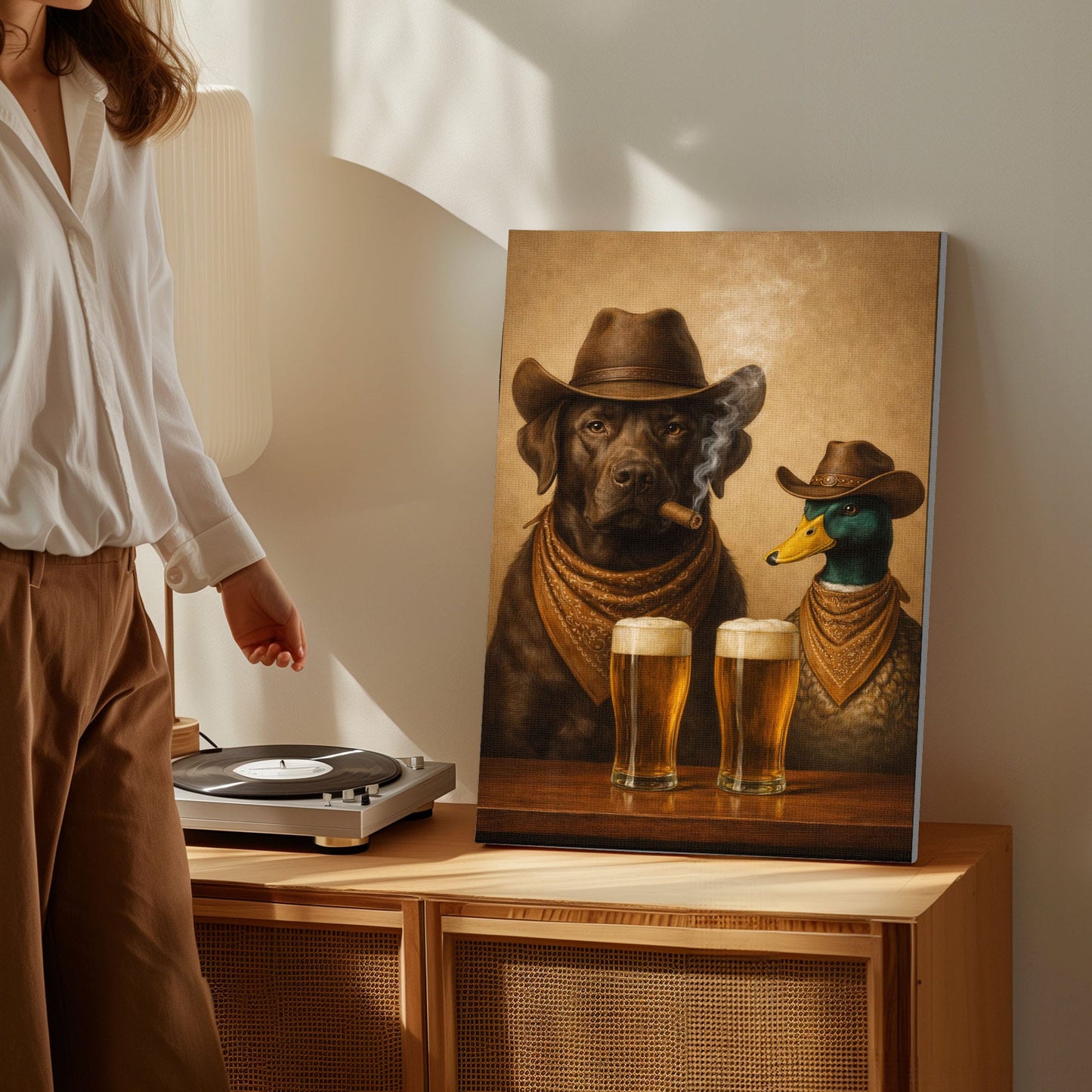 Dog and Duck Smoking Cigar Cold Beer Wall Art Gift for Hunters Cabin Decor