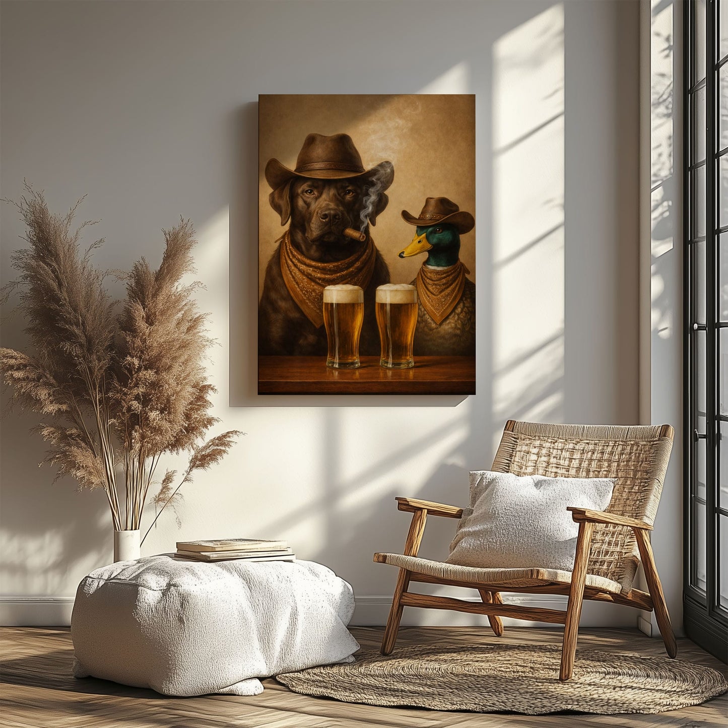 Dog and Duck Smoking Cigar Cold Beer Wall Art Gift for Hunters Cabin Decor