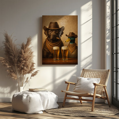Dog and Duck Smoking Cigar Cold Beer Wall Art Gift for Hunters Cabin Decor