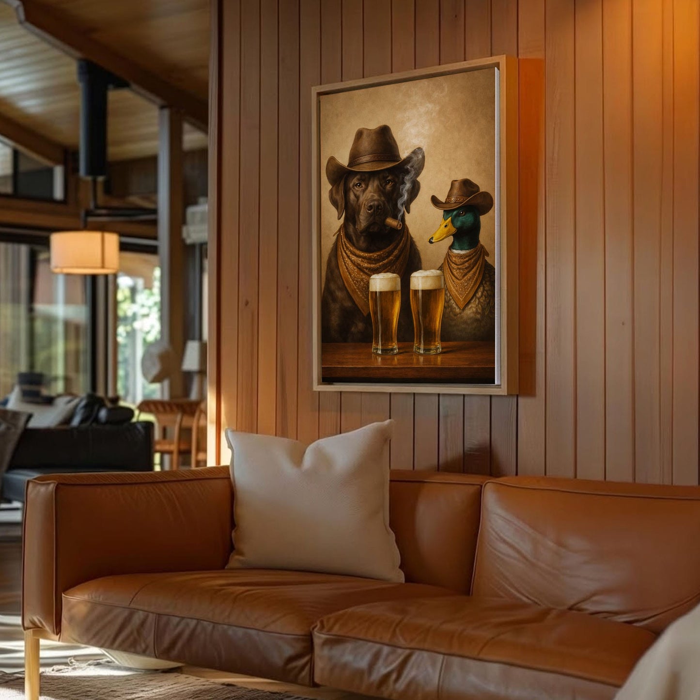 Dog and Duck Smoking Cigar Cold Beer Wall Art Gift for Hunters Cabin Decor