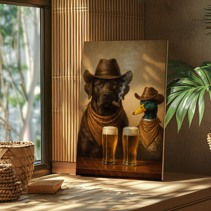 Dog and Duck Smoking Cigar Cold Beer Wall Art Gift for Hunters Cabin Decor