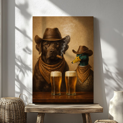 Dog and Duck Smoking Cigar Cold Beer Wall Art Gift for Hunters Cabin Decor