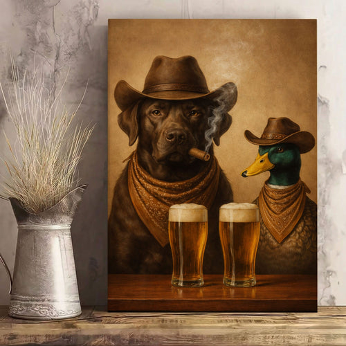 Dog and Duck Smoking Cigar Cold Beer Wall Art Gift for Hunters Cabin Decor