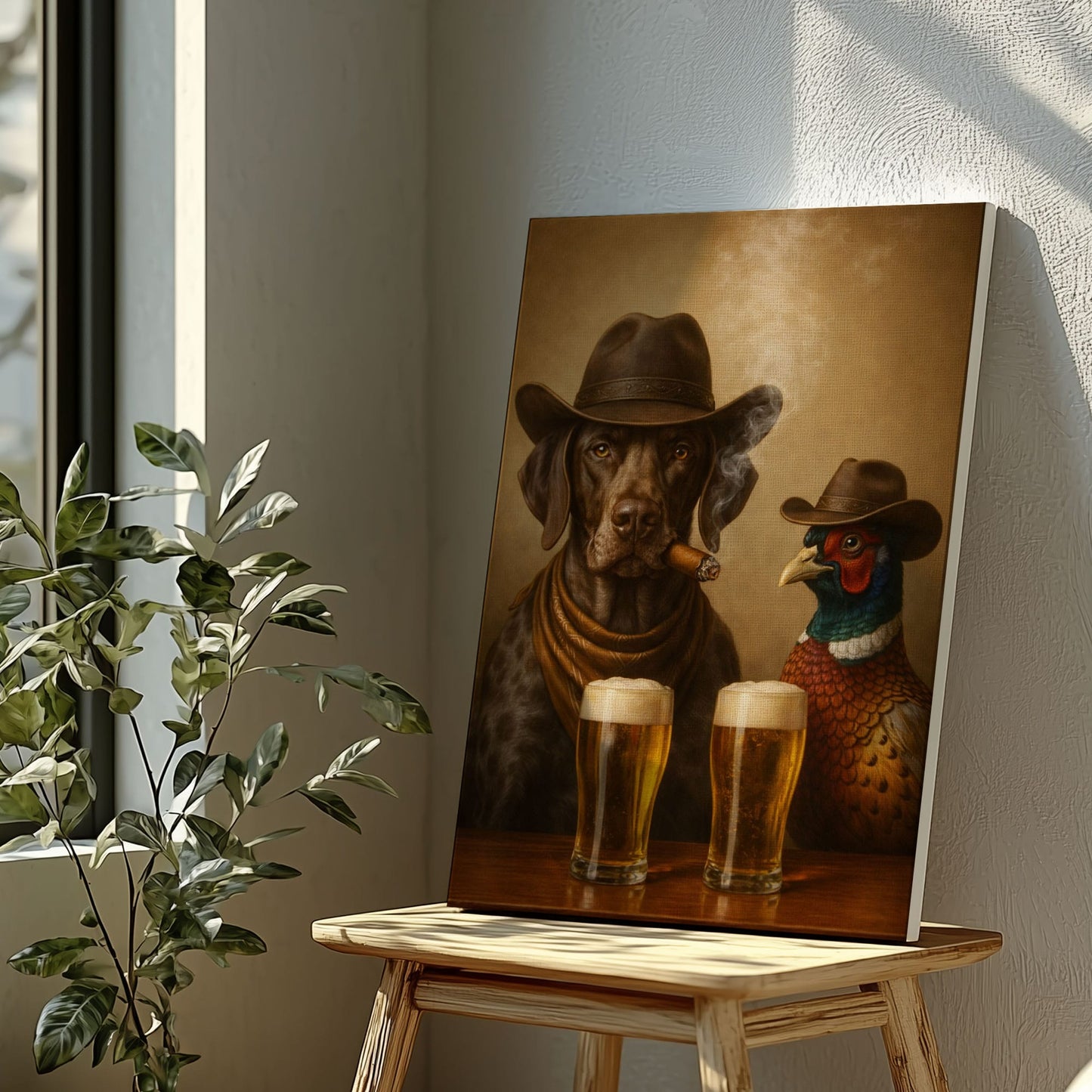 Dog and Pheasant Smoking Cigar Cold Beer Wall Art Gift for Hunters Cabin Decor