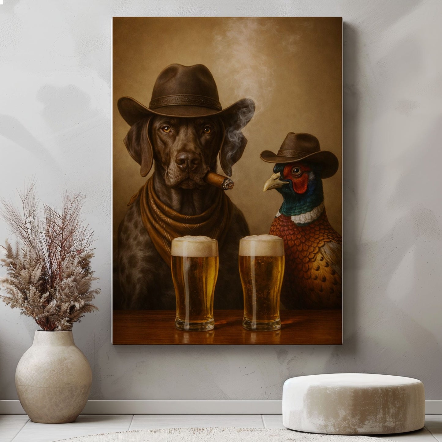 Dog and Pheasant Smoking Cigar Cold Beer Wall Art Gift for Hunters Cabin Decor