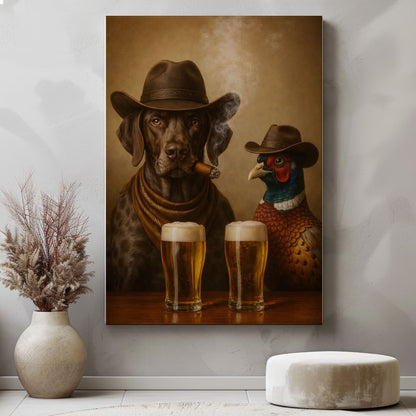 Dog and Pheasant Smoking Cigar Cold Beer Wall Art Gift for Hunters Cabin Decor