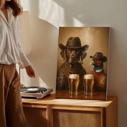 Dog and Pheasant Smoking Cigar Cold Beer Wall Art Gift for Hunters Cabin Decor