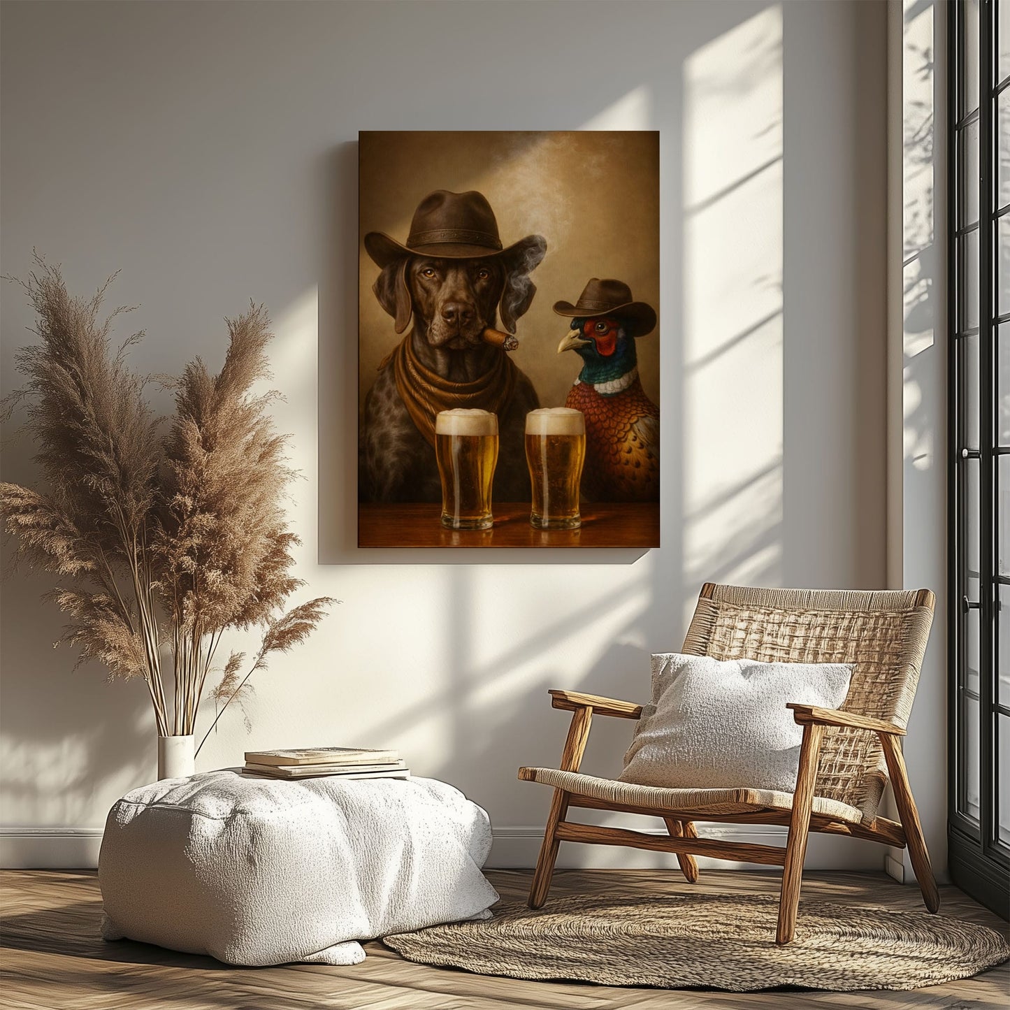 Dog and Pheasant Smoking Cigar Cold Beer Wall Art Gift for Hunters Cabin Decor