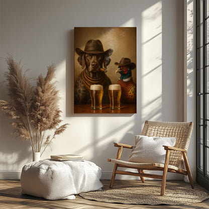 Dog and Pheasant Smoking Cigar Cold Beer Wall Art Gift for Hunters Cabin Decor
