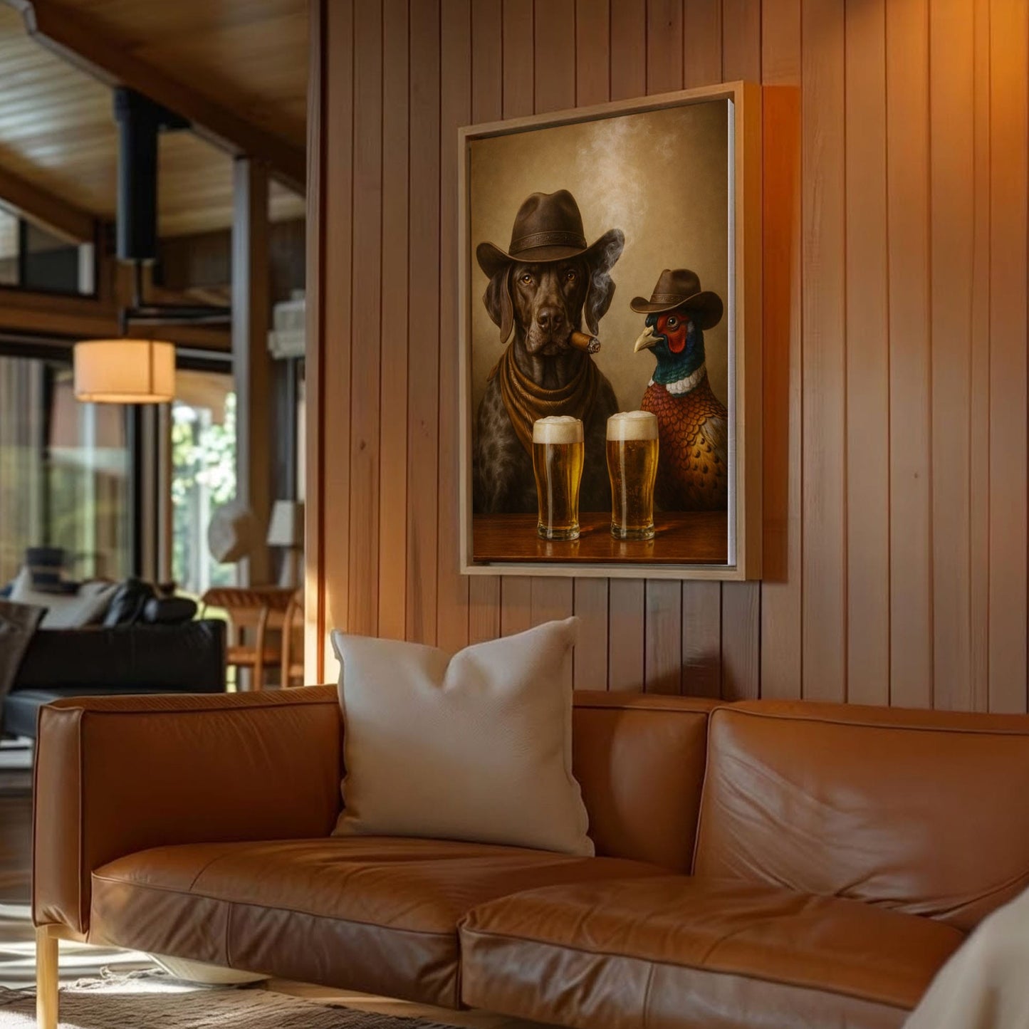 Dog and Pheasant Smoking Cigar Cold Beer Wall Art Gift for Hunters Cabin Decor