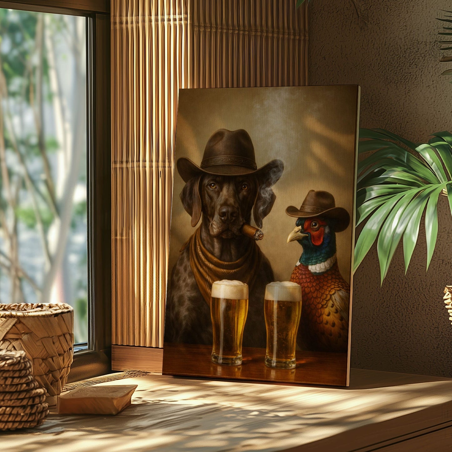 Dog and Pheasant Smoking Cigar Cold Beer Wall Art Gift for Hunters Cabin Decor