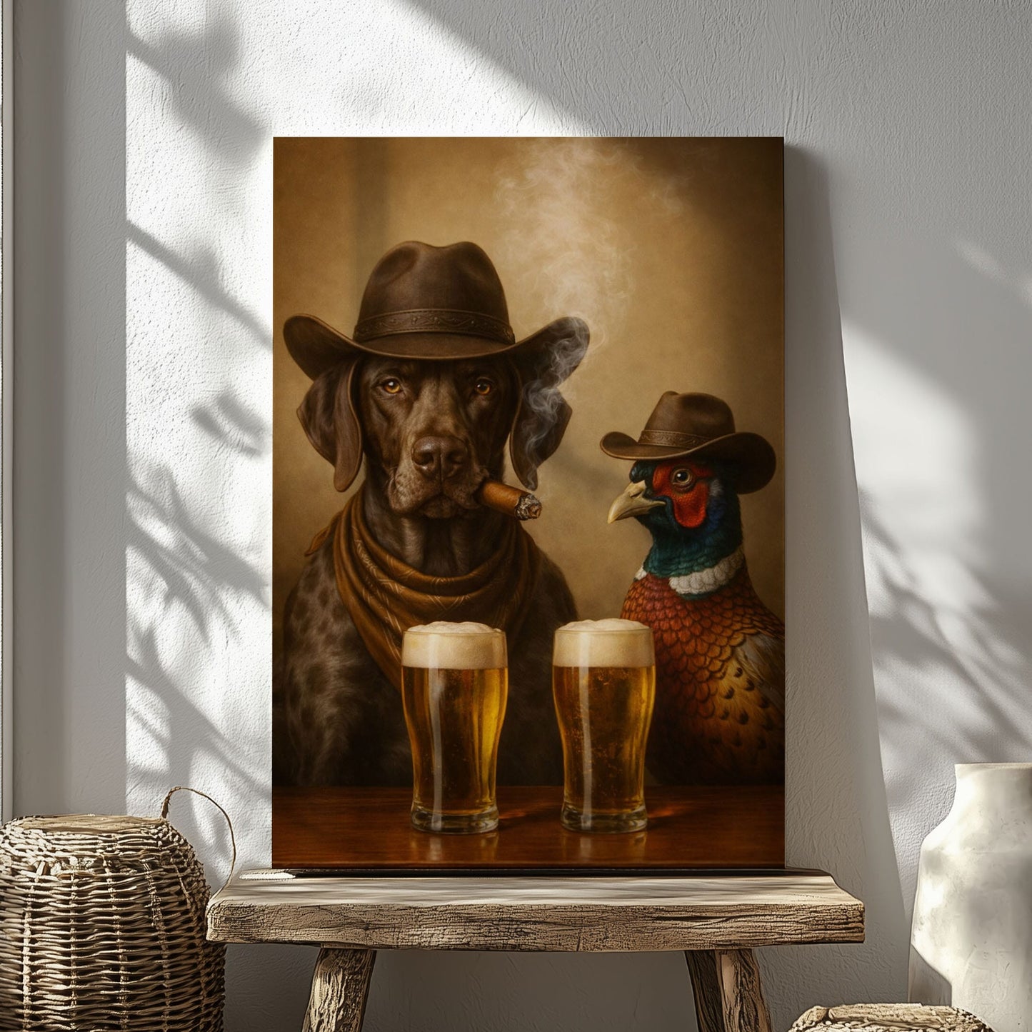 Dog and Pheasant Smoking Cigar Cold Beer Wall Art Gift for Hunters Cabin Decor