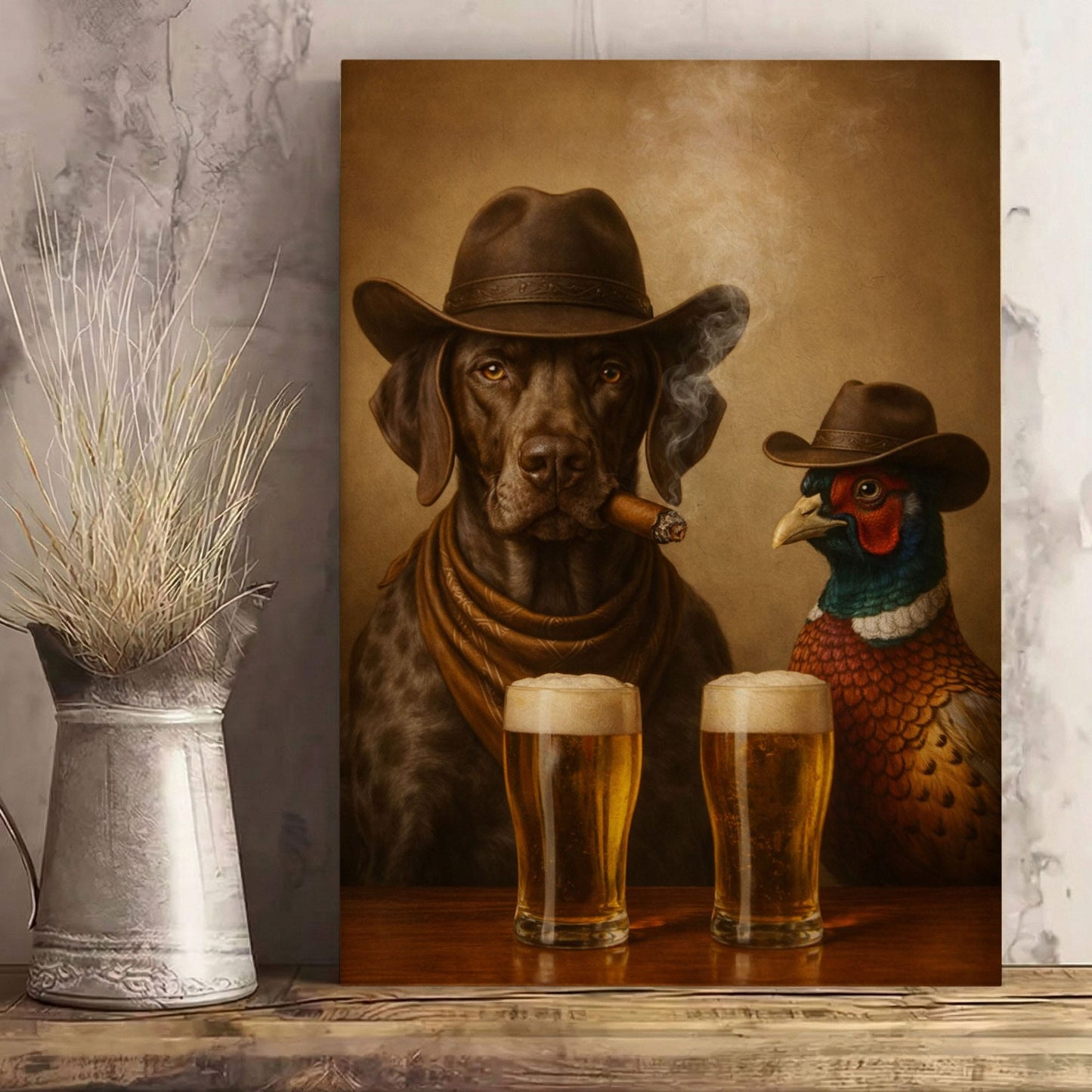 Dog and Pheasant Smoking Cigar Cold Beer Wall Art Gift for Hunters Cabin Decor