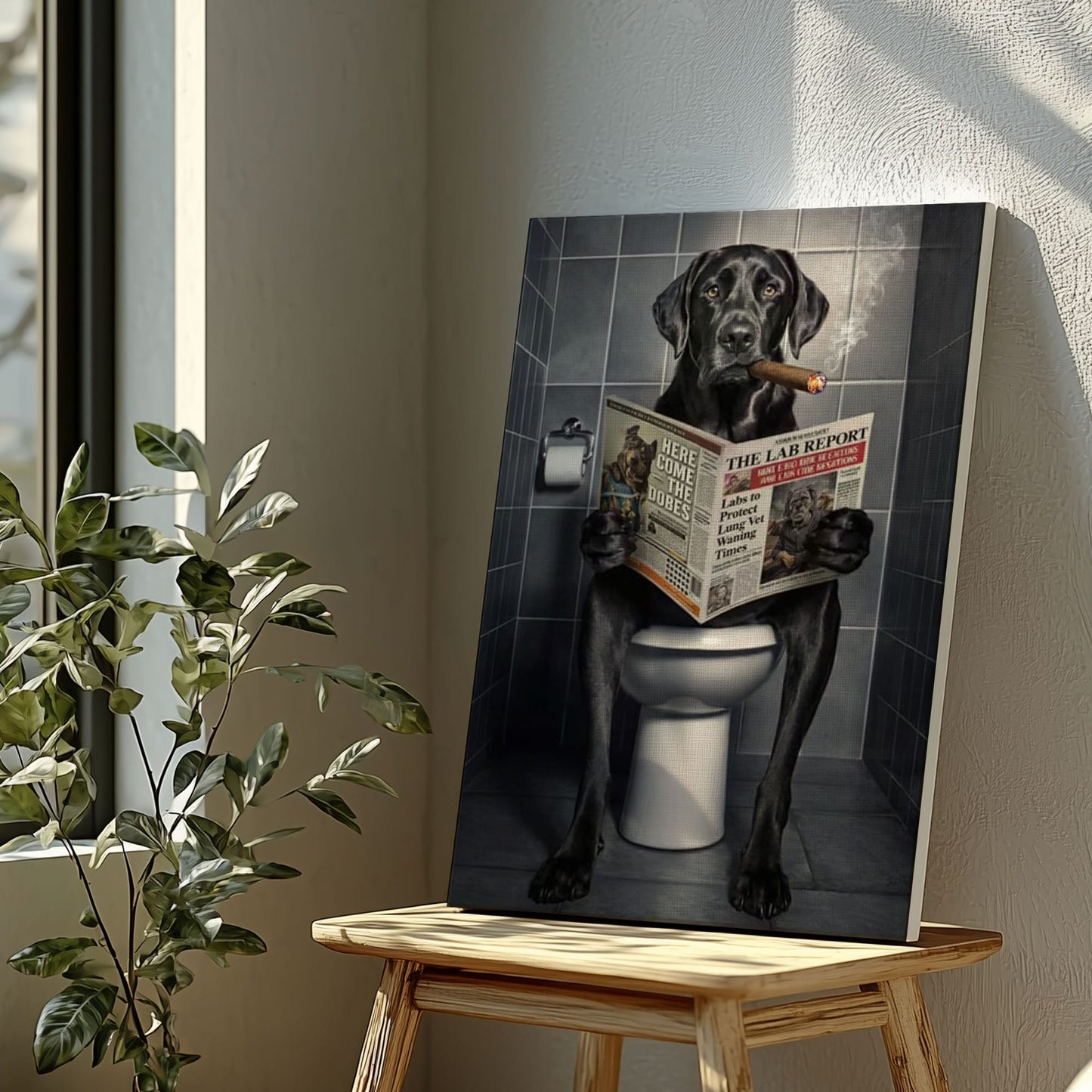 Smoking Dog on Toilet Canvas Wall Art Gift for Hunters Cabin Decor