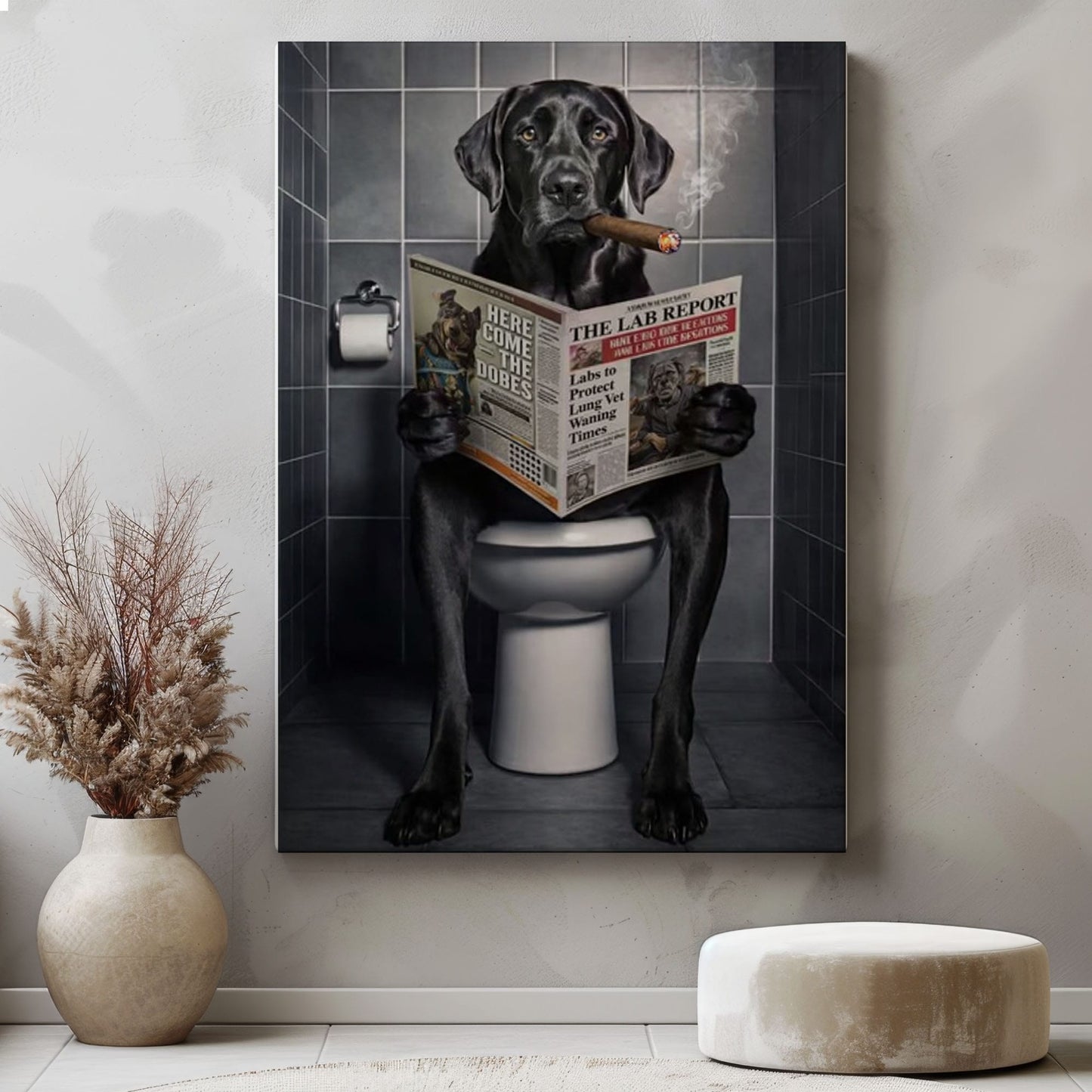 Smoking Dog on Toilet Canvas Wall Art Gift for Hunters Cabin Decor