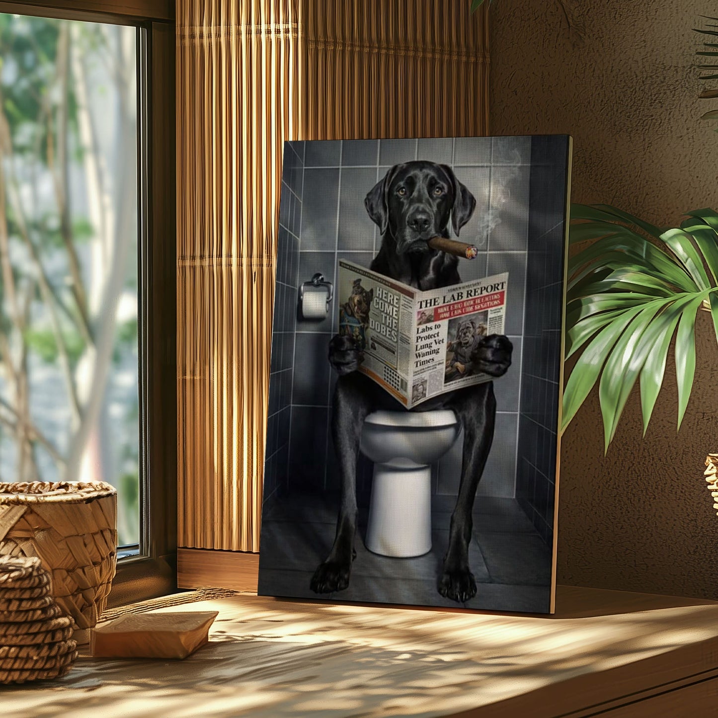 Smoking Dog on Toilet Canvas Wall Art Gift for Hunters Cabin Decor